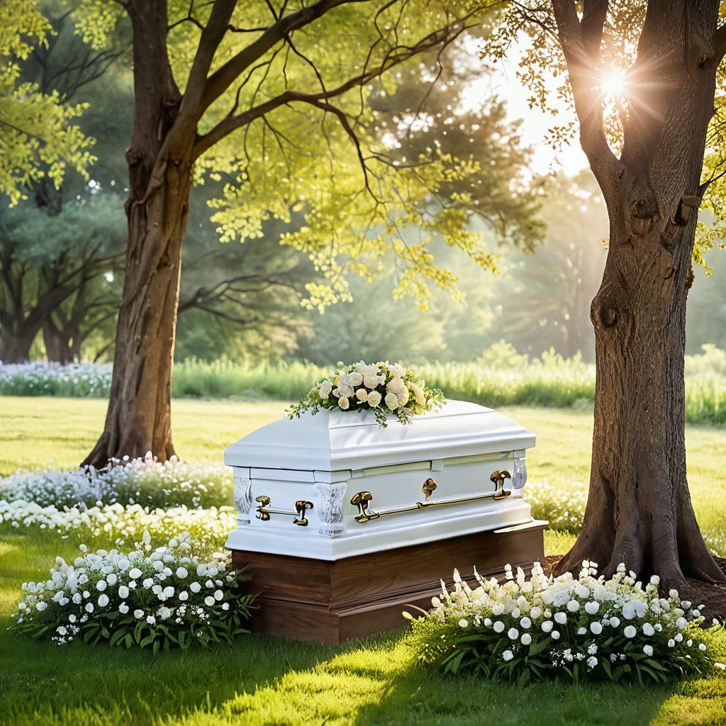 A serene and compassionate scene depicting an eco-friendly funeral setting, featuring a natural landscape with greenery, a simple biodegradable casket, and soft flowers. Include peaceful individuals engaging in a reflective moment, symbolizing love and remembrance. Light trending through the trees adds a sense of hope and tranquility. watercolor painting. soft pastel colors.