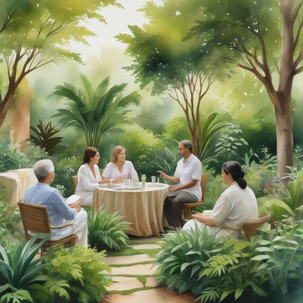 A serene and compassionate scene depicting a diverse group of people engaged in discussions about eco-friendly death care services, surrounded by lush greenery and sustainable elements like biodegradable urns and plants. The atmosphere should be warm and inviting, highlighting the importance of planning with care in a peaceful and respectful setting. Include soft, natural lighting to enhance the emotional depth of the moment. watercolor style. earthy tones. airy background.