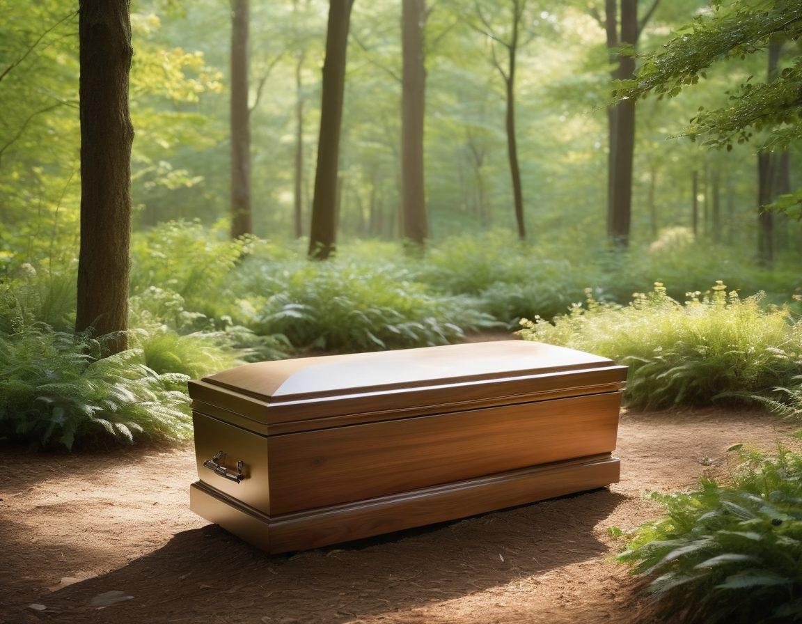 A serene landscape with a tranquil forest setting, featuring innovative sustainable burial options like biodegradable caskets and green burial sites, alongside a modern cremation facility with lush greenery. Ethereal lighting illustrates the concept of tranquility in farewells, with symbols of life such as trees and flowers integrated into the scene. The mood should evoke peace and hope for the future. super-realistic. vibrant colors. natural elements.